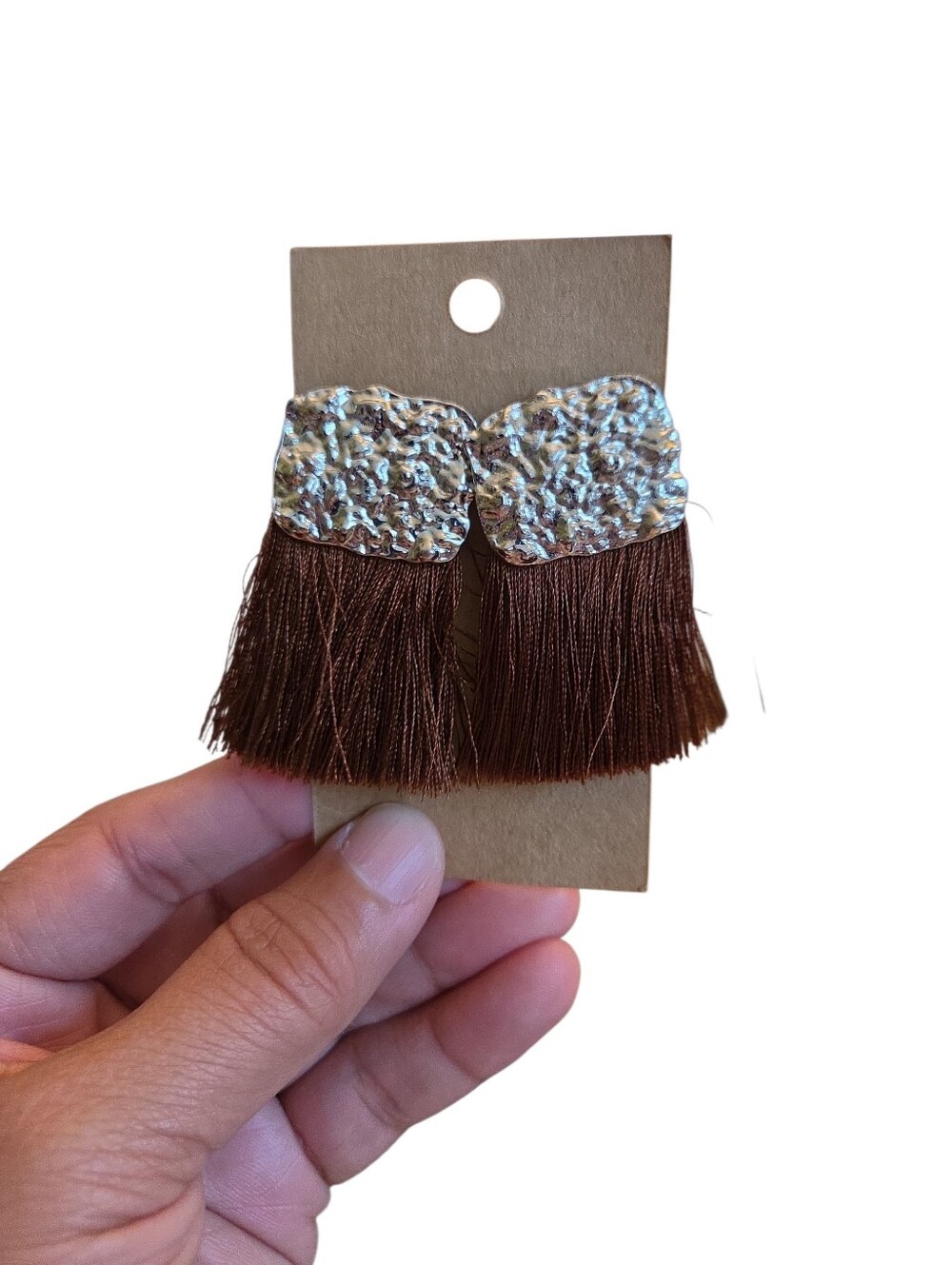 Silver Toned Textured Brown Fringe Tassel Earrings 2.5"